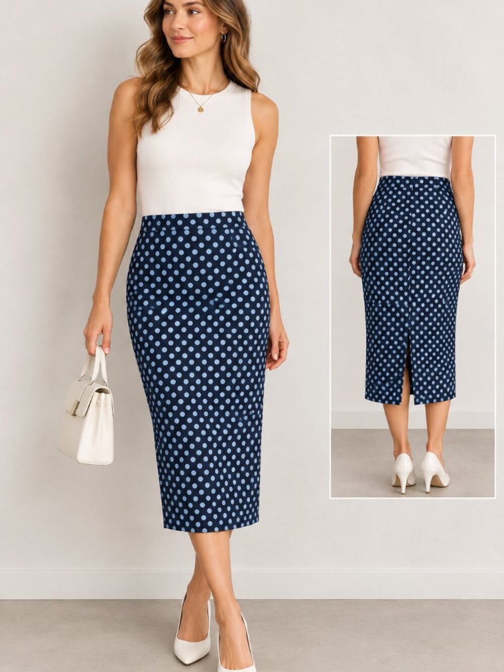 Zara Woman Navy Blue Polka Dot Midi Pencil Skirt Size S Stretch Office